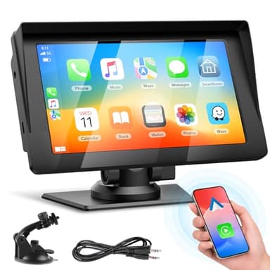 Volam 7 Pouces Carplay Voiture sans Fil, Écran Tactile Car Play et Android Auto, Portable Autoradio avec Bluetooth 5.0, Mirror Link, Siri/G00le Assistant Vocal, Transmetteur FM, AUX