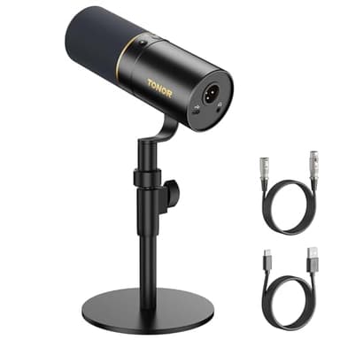 TONOR Micro Cardioïde Dynamique USB/XLR avec Support de Bureau, PC Microphone de Studio pour Podcasting, Gaming, Streaming, Enregistrement Vocal, Prise Casque 3,5 mm, Bouton Muet, TD520