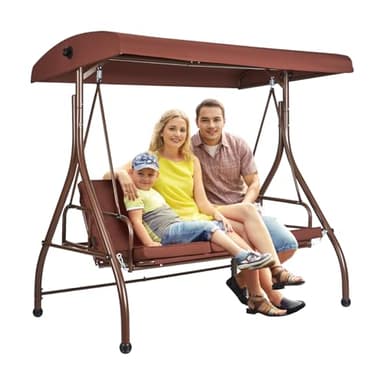 VEVOR Balancelle de terrasse 3 Places, balançoire Convertible avec auvent réglable de Porche extérieur, avec Coussin épais Amovible, Cadre en Acier allié, pour Balcon, Jardin, Bord de Piscine, Marron