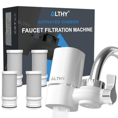 ALTHY T1 Filtre à eau pour robinet, système de filtration en fibre de carbone actif de 400 gallons, sans BPA, élimine le chlore, les métaux lourds et le mauvais goût (4 filtres inclus)