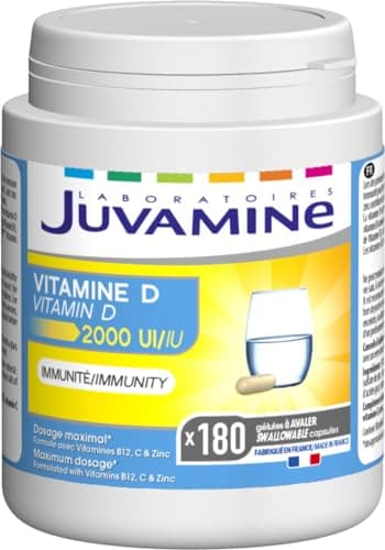 JUVAMINE - VITAMINE D 2000 UI - Immunité - Fatigue - Vitamine B12, C, D3 et Zinc - Dosage maximal - 180 Gélules - Programme de 6 Mois - Fabriqué en France