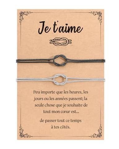 YELUWA 2 Pcs Bracelet Couple, Cadeau Mariage, Cadeau Couple, Bracelet Noeud pour Homme Femme et l'Amoureuse Cadeaux Femme Petite Amie Mari Fiançailles Cadeaux Saint-Valentin Anniversaire Noir Argent