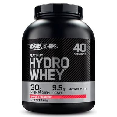 Optimum Nutrition Platinum Hydro Whey, Isolat de whey protéine hydrolysée en poudre avec acides aminés essentiels, glutamine et BCAA, goût Super fraise, 40 portions, 1,6 kg