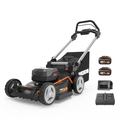 WORX Tondeuse à Gazon Brushless sans Fil 40V WG748E, Surface Max de 500 m², Coupe de 46 cm, 7 Hauteurs de Coupe, ramassage, Mulching, poignée Ergonomique, 2 Batteries 4Ah et Chargeur