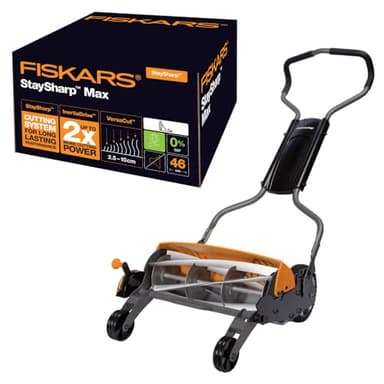 Fiskars Tondeuse à gazon manuelle, Tondeuse à cylindre avec système de coupe sans frottement des lames, Largeur de coupe: 46 cm, Noir/Orange/Argenté, StaySharp Max, 1000591