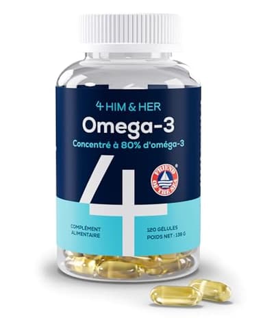 4 HIM & HER Oméga-3 Huile de Poisson Gélules - Haute Concentration en Oméga-3 (80%) - 668 mg d'EPA et 500 mg de DHA + 83,4 mg de DPA par Dose - 120 Gélules - Cure de 2 Mois