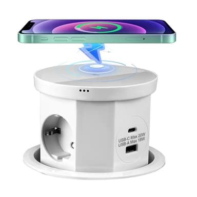 Prise escamotable, 4 prises avec 1 port USB C 1 USB-A, encastrable, avec chargeur sans fil de 15 W, pour bureau, cuisine (blanc)