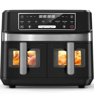 Air Fryer avec Double Compartiment, OQCSUAT Friteuse Sans Huile 10L Avec 8 Programmes 2600W, Friteuse à Air Chaud, Fonctions Match Cook & Smart Finish, Friteuse Electrique avec Fonction Mémoire