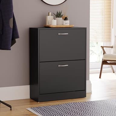 Vida Designs Armoire à Chaussures à 2 tiroirs, Organiseur de Rangement pour Chaussures, Meuble en Bois extractible, Noir | H 80 x L 60 x P 24 cm Environ