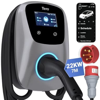 Tera Smart EV Chargeur Type 2 Wallbox: Borne de Recharge Vehicule Electrique 22kw Triphasé 32A 400V CE Certifié avec APP WiFi Bluetooth, 7M Câble de Recharge, Support Mural de Chargeur pour EVs PHEVs