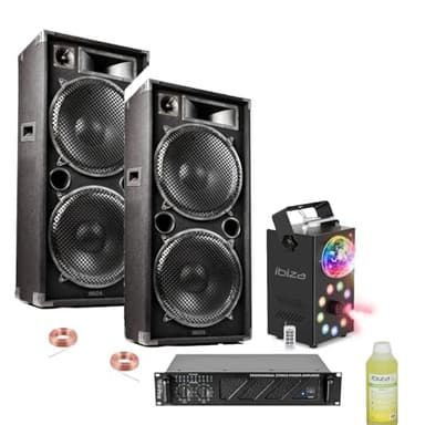 Générique Pack Sono Enceintes 2 x 1000W Ibiza Sound - Ampli 2x800W - Machine Fumée LED Foggy-Astro - Liquide 1L - Cadeau DJ Salle des fêtes