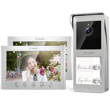 TMEZON Visiophone Connecté à 2 Fils, Kit Interphone Vidéo Filaire avec 2 Moniteurs,Ecran TFT Couleur 7’’,Platine de Rue avec Caméra,Sonnette Vidéo Extérieur,Vision Nocturne,Deux Familles/Appartements