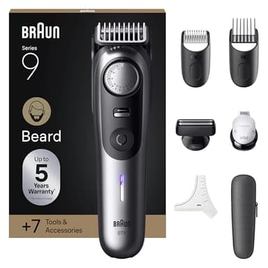 Braun Tondeuse À Barbe Series 9, + 7 Outils De Barbier, Mode PowerBoost, Lame ProBlade, 180 Min D'autonomie, Dégradé, 50 Longueurs, Molette De Précision Et Verrouillage, Étanche, BT9520, Chrome