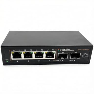 Elfcam® - 10Gb Commutateur Switch Fibre Optique Compatible avec Freebox Ultra et Orange Livebox 6, avec 2 Ports 10G SFP+ et 4 Ports 2,5 Gigabit Ethernet RJ45, Rallonge Votre Réseau 10Go