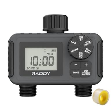 Raddy WS-5 Programmateur d'arrosage à 2 sorties pour tuyau d'arrosage, minuterie d'irrigation pour arrosage du jardin, retardateur de pluie, minuterie manuelle / automatique