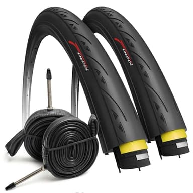 Fincci Pneu Velo Route 700x25c - Set Pliable Paire Pneus 25-622, 28 pouces avec Protection Anti-Crevaison 1mm, 60TPI avec Chambres à Air 700x25c Presta, pour Route Courses Tournée Bici, Un Paquet de 2