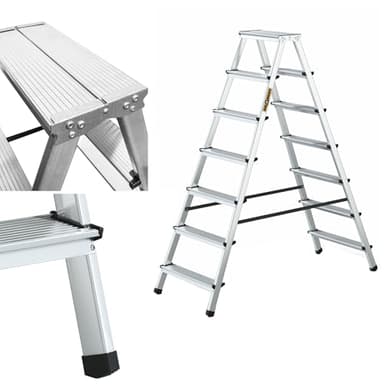 Drabest Escabeau 7 Marches en Aluminium Double Face Capacité 125 KG - Escabeau avec Plate-Forme De Travail - Echelles Multifonctions - 51 X 155 X 16 Cm