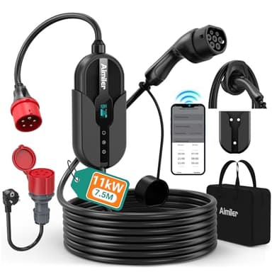 AIMILER Chargeur Voiture Electrique 11kW APP 8-16A 7M Borne de Recharge Véhicule Électrique Triphasé avec Type 2 avec Support Mural, Numérique LCD IP65 Compatible avec Model 3/Y, EX30, 208EV et PHEVs