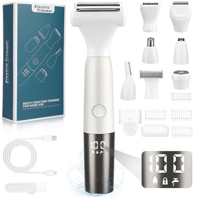 YGVQN 8-en-1 Rasoir Electrique Femme, Tondeuse Femme Intime 8 Lames, Affichage Numérique LED, IPX7 Étanche, Charge USB Rasoir Femmes, Pour Zone Bikini Aisselles Jambes Visage, Sourcils et Nez - Blanc