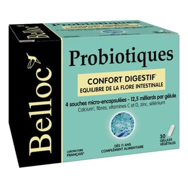 Belloc Probiotiques - Confort digestif – Equilibre de la Flore Intestinale - 4 Souches Microbiotiques - Dès 11 ans - 30 Gélules Végétales