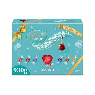 Lindt - Boîte Cadeau LINDOR - Fourreau Anniversaire - Assortiment de Chocolat au Lait, Noir 45%, Blanc, Noisette, Cœur Blanc, Double Chocolat - Cœur Fondant, 930g