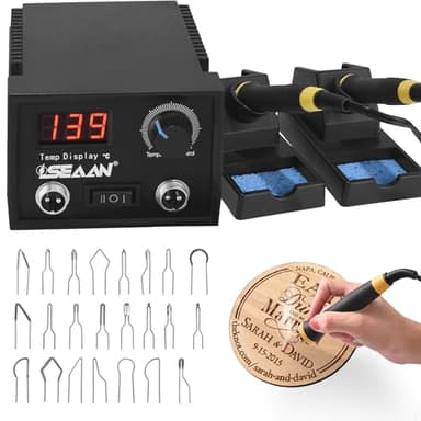 Helangel Pyrograveur sur Bois, Graveur Bois 60 Watts Affichage Numérique Kit avec 33 Pointes de Fil, Température Réglable de 0 à 850 °C avec 2 Stylos de Pyrogravure pour Bois et Cuir