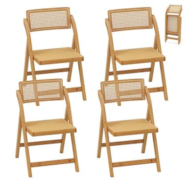 RELAX4LIFE Lot de 4 Chaise Pliante Bois, Chaises Rotin Salle à Manger avec Cadre en Bambou, Dossier Pivotant, Chaise Cannage Pliante, Style Bohème, Aucun Montage, Charge 150 kg, pour Cuisine Salon (2)