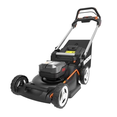 WORX Tondeuse à Gazon tractée Brushless sans Fil 40V WG749E, jusqu'à 500m² sur Une Charge, diam. 46cm, Coupe jusqu'aux Bordures, Sac de 55 L, Mulching, livée avec 2 Batteries 4Ah et Chargeur