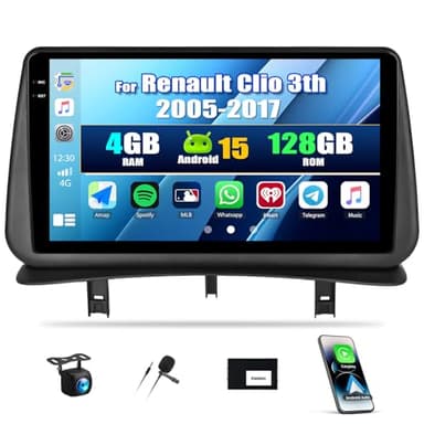 SIXWIN 4+128G Android 15 Autoradio pour Renault Clio 3th 2005-2014, avec Carplay Android Auto, 9 Pouces unité de tête stéréo Voiture avec GPS WiFi BT USB FM RDS 32EQ avec Caméra de recul