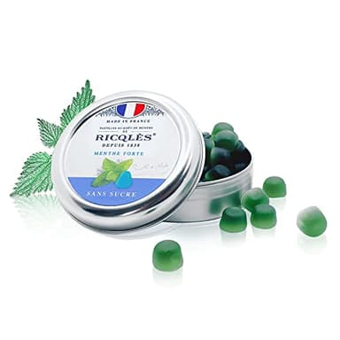 RICQLES-PASTILLES MENTHE SANS SUCRES- Haleine Fraîche, Mal des transports-Goût menthe forte -NOUVELLE FORMULE-Boîte en métal de 45g