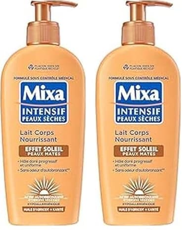 Mixa Intensif Peaux Sèches - Lait Corps Nourrissant Effet Soleil - Autobronzant - Hâle Doré Naturel Progressif et Uniforme - Peaux Mates - Hypoallergénique - 250ml (Lot de 2)