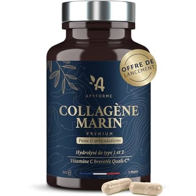 Collagene Marin + Acide Hyaluronique - Peau et Articulations - Enrichi en Vitamine C - Collagène Premium Hydrolisé Type 1 et 2-90 Gélules - Fabriqué en France par Apyforme