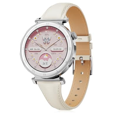 BOALZETD Montre Connectée Femme - Élégant Petit Poignet avec Écran AMOLED 1,19" Bracelet en Cuir Fin, Smartwatch avec Podometre, Cardiofrequencemetre/SpO2/Sommeil pour iOS/Android, Argent/Stellaire
