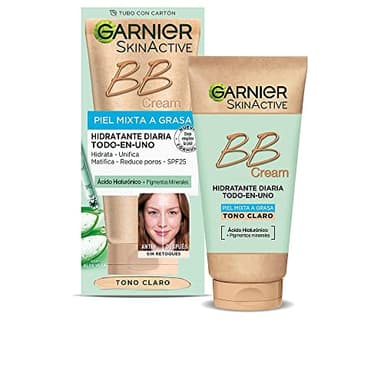 Garnier Crème BB Skin Active, pour peaux mixtes à grasses, avec FPS 25, acide hyaluronique, extrait d'aloe vera et pigments minéraux, corrige et éclaircit la peau, couleur claire, 50 ml (lot de 1)]