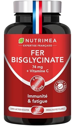 FER Bisglycinate + Vitamine C - 14 mg de Fer/Gélule - Procure 100% des Besoins Journaliers - Absorption & Biodisponibilité Maximales - Nutrimea - 90 Gélules Vegan - Fabriqué en France