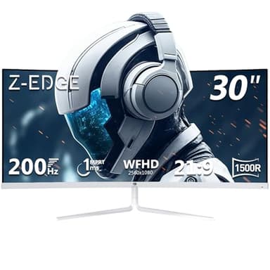 Z-Edge Ecran PC Gamer Incurvé Blanc 30'' 200Hz, 1ms, 2560x1080, FreeSync, Moniteur Gaming White Ultra-large 21:9, Inclinaison Réglable, 1500R, 2×HDMI2.0 & 2×DP1.4, RGB, VESA 75*75mm (DP Câble Inclus)