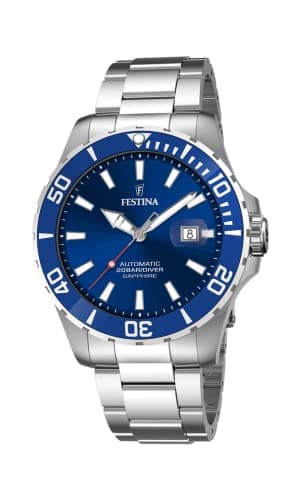 Festina Montre Homme Automatique en Acier Inoxydable 316L Argenté Montre Analogique Homme - Calendrier - Verre Saphir Haute Résistance - Étanche 20 ATM F20531/3