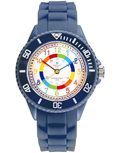 Alienwork Kids Montre Pédagogique Apprendre l'Heure Enfants Garçon Fille Bleu Marin Bracelet en Silicone Multicolore Enfants Résistant à l'eau 5 ATM Temps d'apprentissage