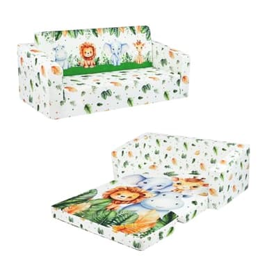 Canapé Enfants Canapé-Lit 2 Places Convertible, Lit Pliant 2 en 1 Fauteuil Enfant Stable avec Tapis Antidérapant, Chaise-Lit Couchette Enfant pour Chambre à Coucher Salle de Jeux (Animaux de Jungle)