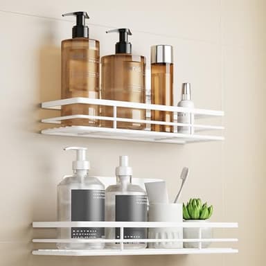 Saffruff Lot de 2 étagères de douche, sans perçage, blanc, pour douche, salle de bain, support pour shampooing, avec 2 surfaces adhésives