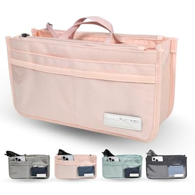 Organiseur de sac à main pour femme insérable à l'intérieur du sac, 2 poignées, 13 compartiments (10 poches, 6 transparentes, 2 avec fermeture éclair, 1 grand central), léger, polyester