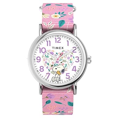 Timex Weekender x Peanuts in Bloom TW2V77800 Montre avec Bracelet en Tissu Rose, 38 mm, pour Femmes