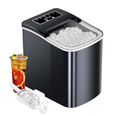 POWSAF Machine à Glaçons, 9 Glaçons en 8 min, 12kg en 24h, Machine à Glaçons Auto-Nettoyante avec pelle à glace et Panier, Pour Maison/Bureau/Cuisine/déplacements, Noire