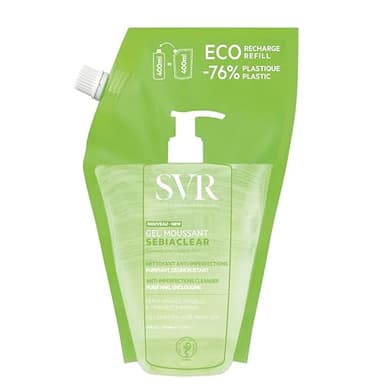SVR - Sebiaclear Gel Moussant - Nettoyant purifiant anti-imperfections - Pour peaux mixtes à grasses, sensibles et à tendance acnéique - Gluconolactone4%, acide salicylique 0,5%- 400 ml Recharge