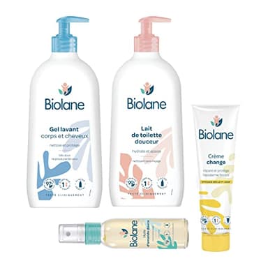 BIOLANE - Kit Essentiels Bain & Toilette - Bébé - Gel Lavant - Lait de toilette - Crème change - Huile amande douce - Peaux sensibles - Dès la naissance - Fabriqué en France
