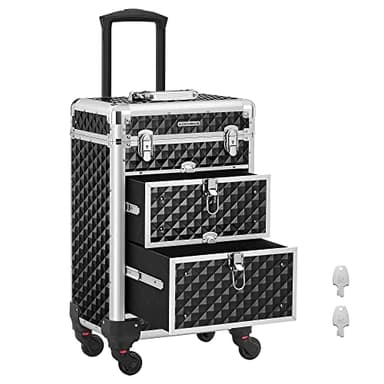 SONGMICS Valise de Maquillage Professionnel, Mallette Cosmétique, avec 2 Tiroirs, Grand, 34 x 24 x 56 cm, Roulette Pivotante à 360°, Voyage, Manucure, Maquilleur, Coiffure, Noir JHZ08BK