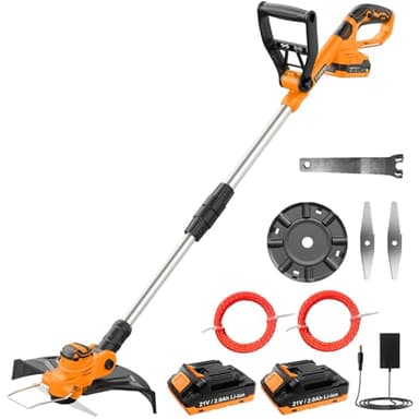 JYGMPRO Coupe Bordure sans Fil 21V, Débroussailleuse à Batterie Brushless avec 2 Batteries 2.0Ah, 2 Lames, 2 Bobines (5m), Poignée Réglable, Tube Télescopique, Tête Pivotante 90°pour Jardin Élagage