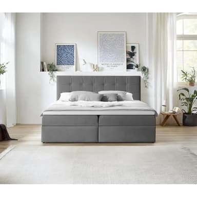 BEAUTY SOFA Canapé-lit Boxspring - Lit avec Matelas Bonell et Surmatelas 5 cm - Deux Grands Coffre de Rangement - Lit Double avec Appuie-Tête pour Chambre à Coucher - Gris Foncé (Velo634) - 160x200cm