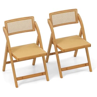 COSTWAY Chaise Pliante Bois Lot de 2, Assise en Rotin PP, Dossier Rotative, Chaise Pliante Interieur en Bambou, Design Cannage, Style Bohème, Naturel