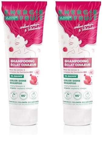 ENERGIE FRUIT | Shampoing sans Sulfate | Fleur de cerisier & vinaigre de framboise BIO| Cheveux Colorés & Méchés | Vegan | 250 ml (Lot de 2)